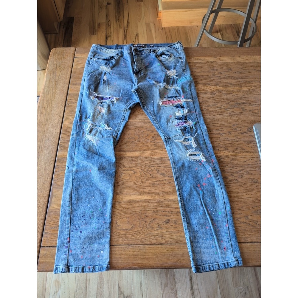 AHP Another Hype Piece Jeans Men's‎ 38x32 Blue Skinny Paint Distressed Patched